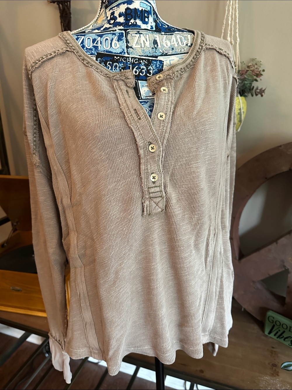 We The Free Washed Taupe Long-Sleeve Henley Top - Women